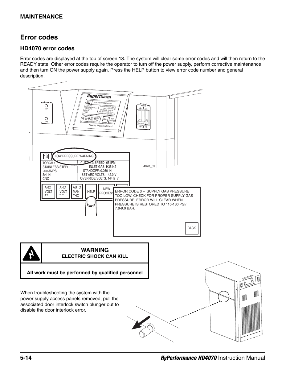 Error codes -14, Error codes, Hd4070 error codes | Warning | Hypertherm HD4070 Rev.1 User Manual | Page 177 / 288
