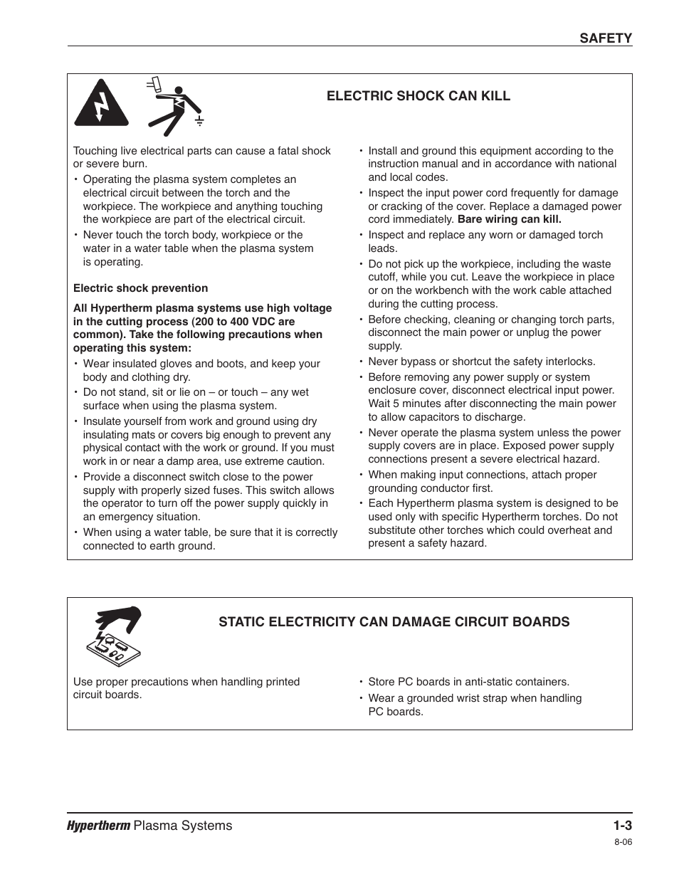 Electric shock can kill -3, Static electricity can damage circuit boards -3 | Hypertherm HD4070 Rev.1 User Manual | Page 18 / 288