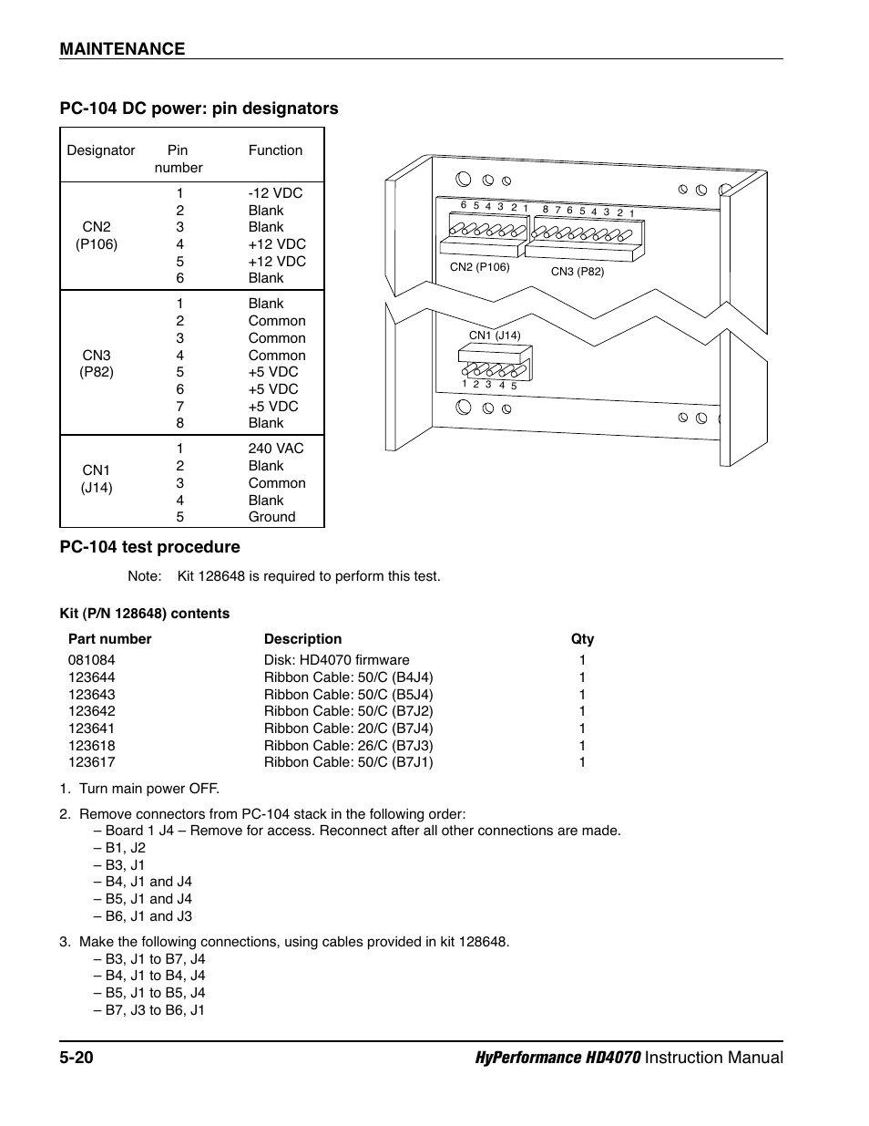 Pc-104 dc power: pin designators -20, Pc-104 test procedure -20, Pc-104 dc power: pin designators | Hypertherm HD4070 Rev.1 User Manual | Page 183 / 288