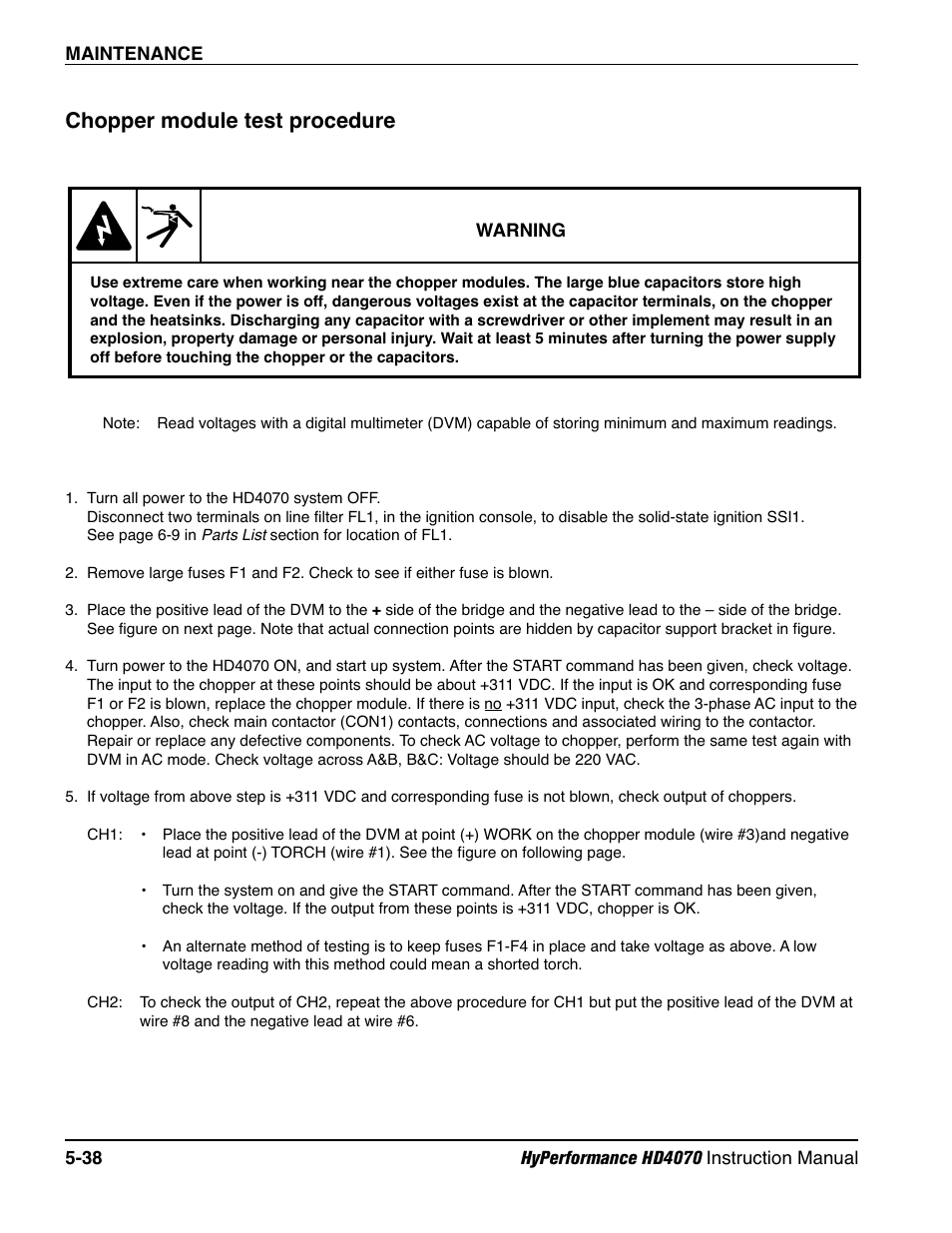Chopper module test procedure -38, Chopper module test procedure | Hypertherm HD4070 Rev.1 User Manual | Page 201 / 288