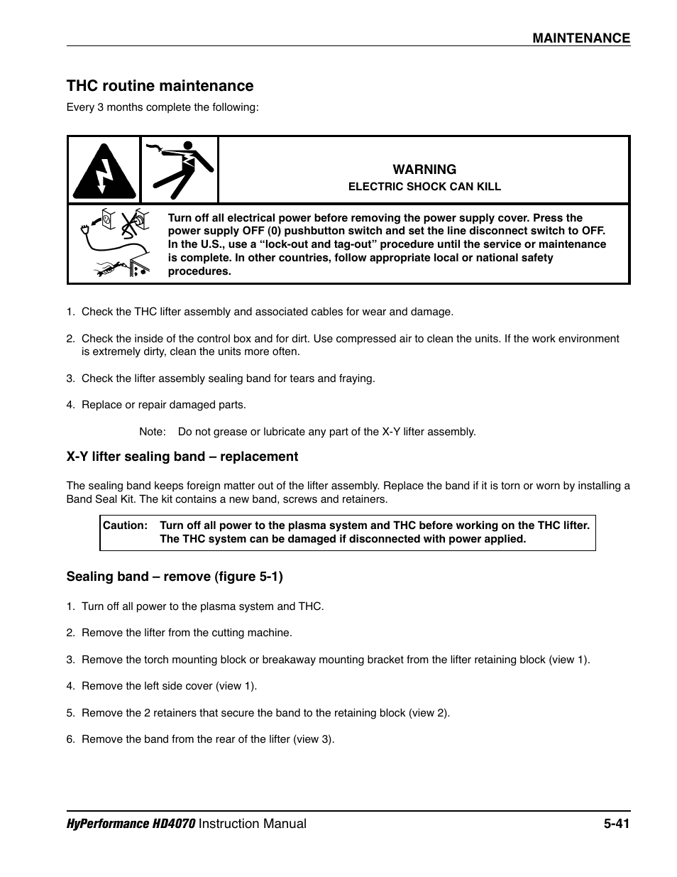 Thc routine maintenance -41, X-y lifter sealing band – replace -41, Thc routine maintenance | Hypertherm HD4070 Rev.1 User Manual | Page 204 / 288