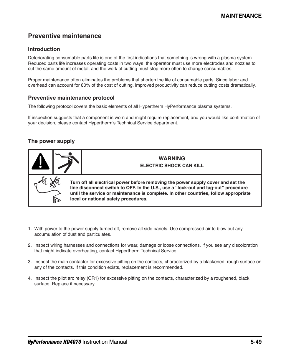 Preventive maintenance -49, Preventive maintenance | Hypertherm HD4070 Rev.1 User Manual | Page 212 / 288