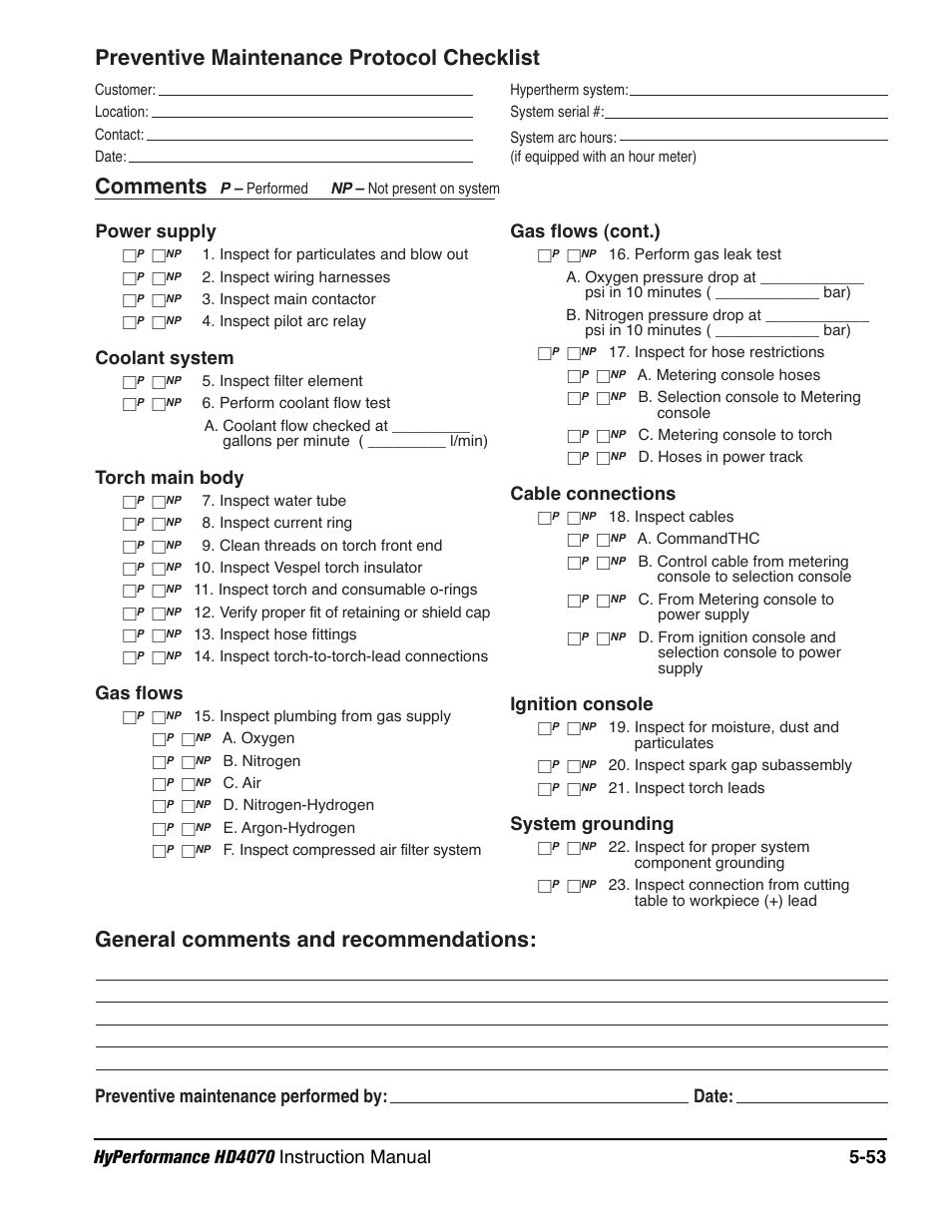 Preventive maintenance protocol checklist, Comments, General comments and recommendations | Cable connections, Ignition console, System grounding, Power supply, Coolant system, Torch main body, Gas flows | Hypertherm HD4070 Rev.1 User Manual | Page 216 / 288