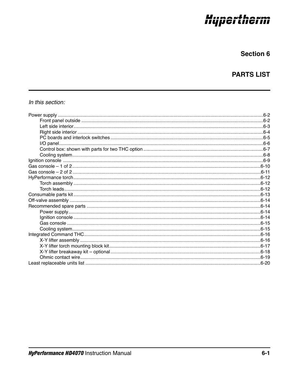 Section 6 parts list, Section 6, Parts list -1 | Hypertherm HD4070 Rev.1 User Manual | Page 219 / 288