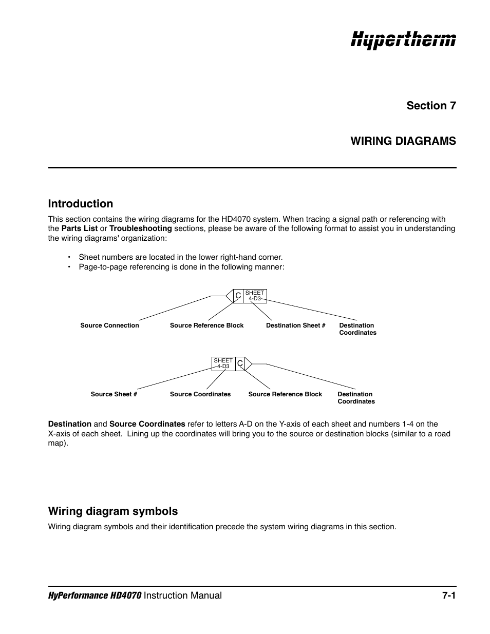Section 7 wiring diagrams, Wiring diagram symbols | Hypertherm HD4070 Rev.1 User Manual | Page 244 / 288