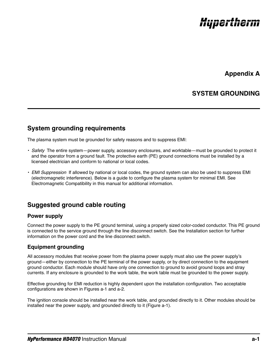 Appendix a system grounding, Appendix a, System grounding requirements | Suggested ground cable routing | Hypertherm HD4070 Rev.1 User Manual | Page 261 / 288