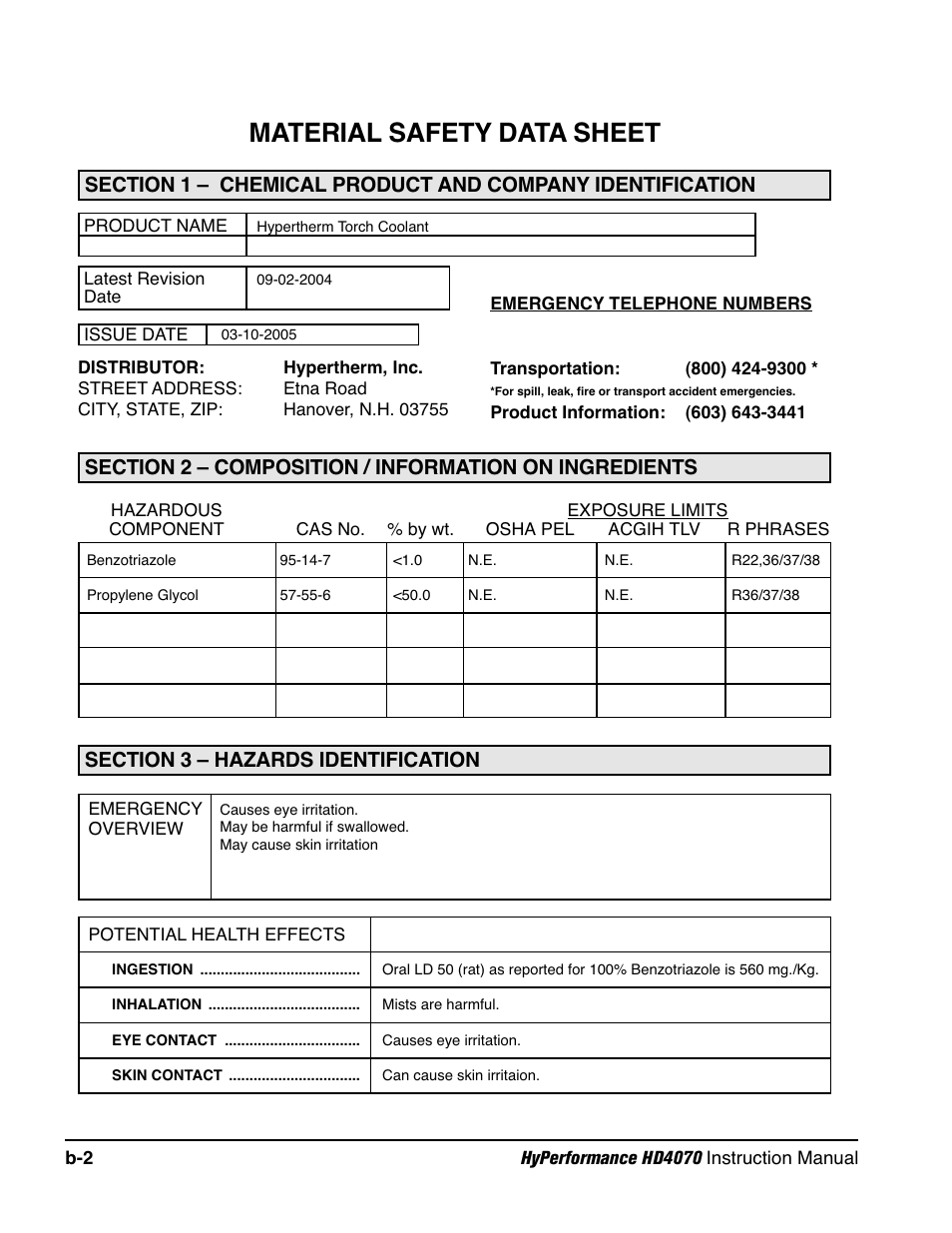 Material safety data sheet | Hypertherm HD4070 Rev.1 User Manual | Page 266 / 288