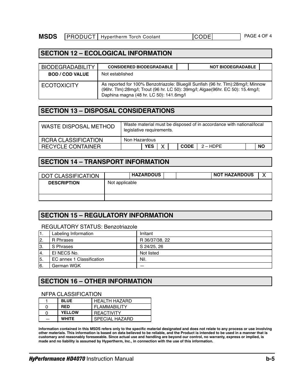 Msds | Hypertherm HD4070 Rev.1 User Manual | Page 269 / 288