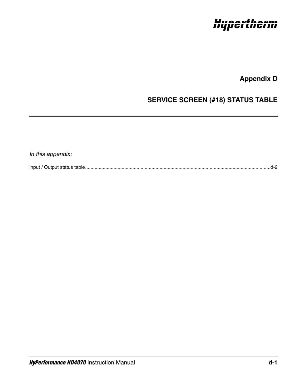 Appendix d service screen (#18) status table, Appendix d | Hypertherm HD4070 Rev.1 User Manual | Page 273 / 288
