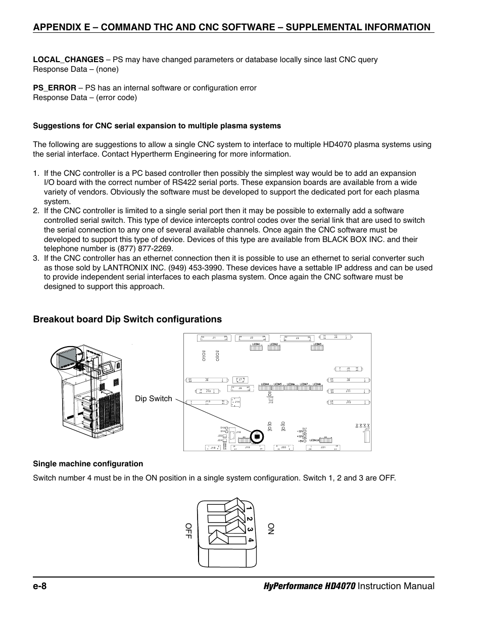 Breakout board dip switch configurations, Dip switch | Hypertherm HD4070 Rev.1 User Manual | Page 282 / 288