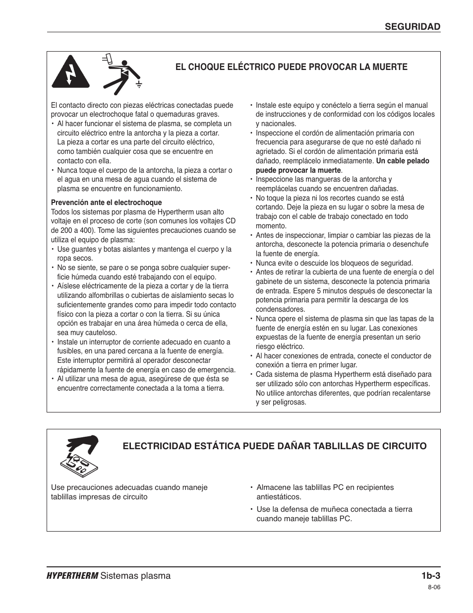 El choque eléctrico puede provocar la muerte b-3 | Hypertherm HD4070 Rev.1 User Manual | Page 34 / 288
