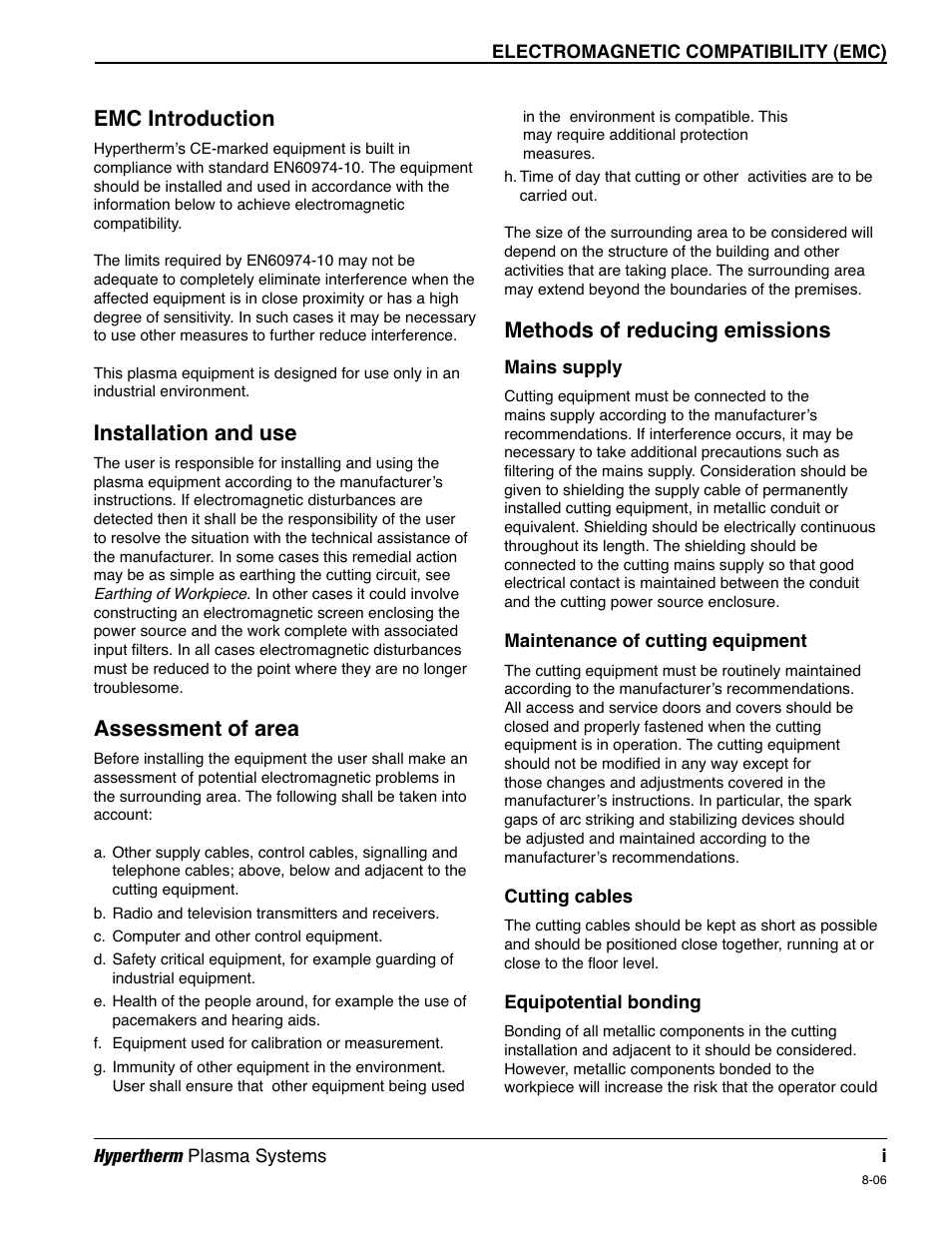 Electromagnetic compatibility (emc), Emc introduction, Installation and use | Assessment of area, Methods of reducing emissions | Hypertherm HD4070 Rev.1 User Manual | Page 4 / 288