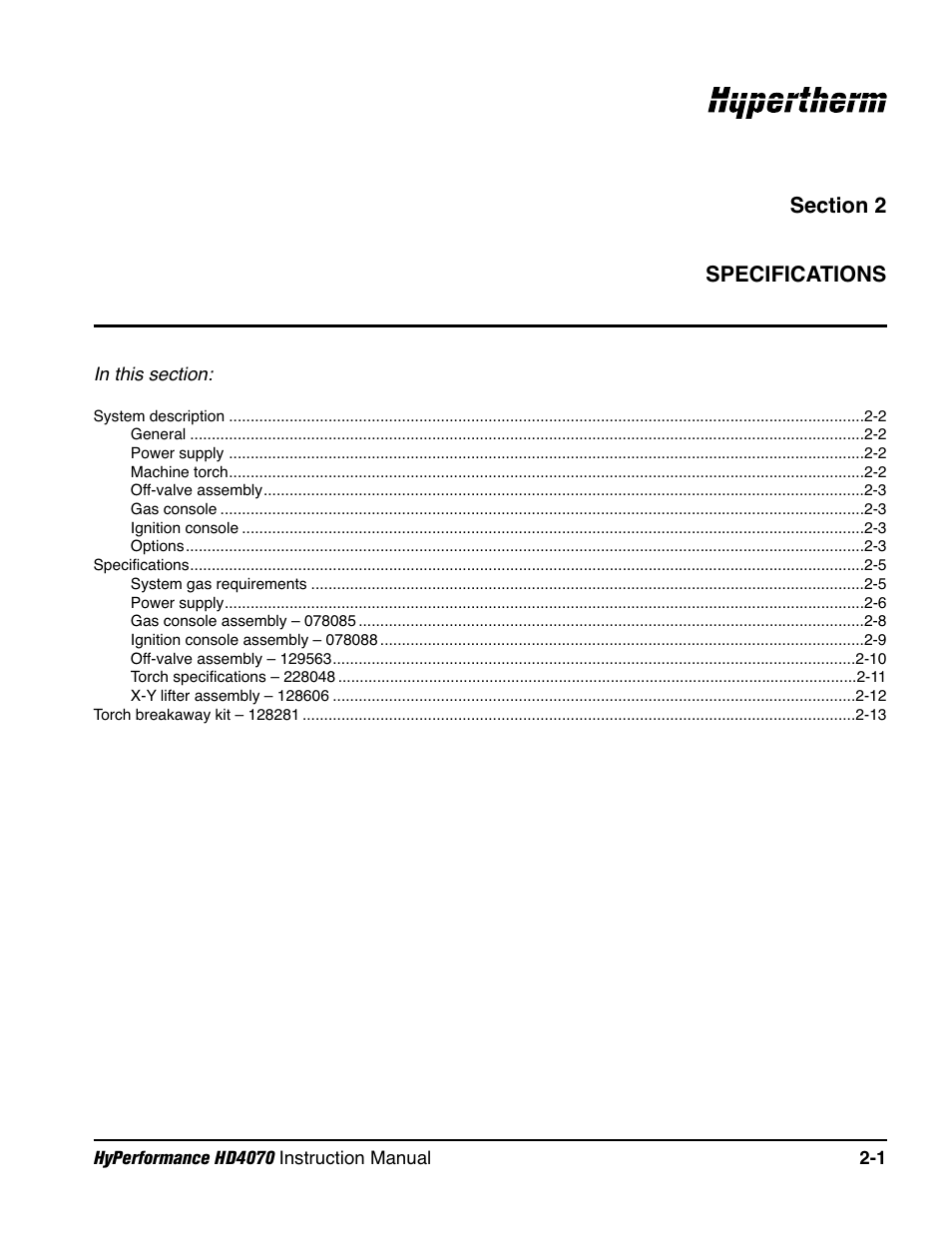 Section 2 specifications, Section 2, Specifications -1 | Hypertherm HD4070 Rev.1 User Manual | Page 40 / 288