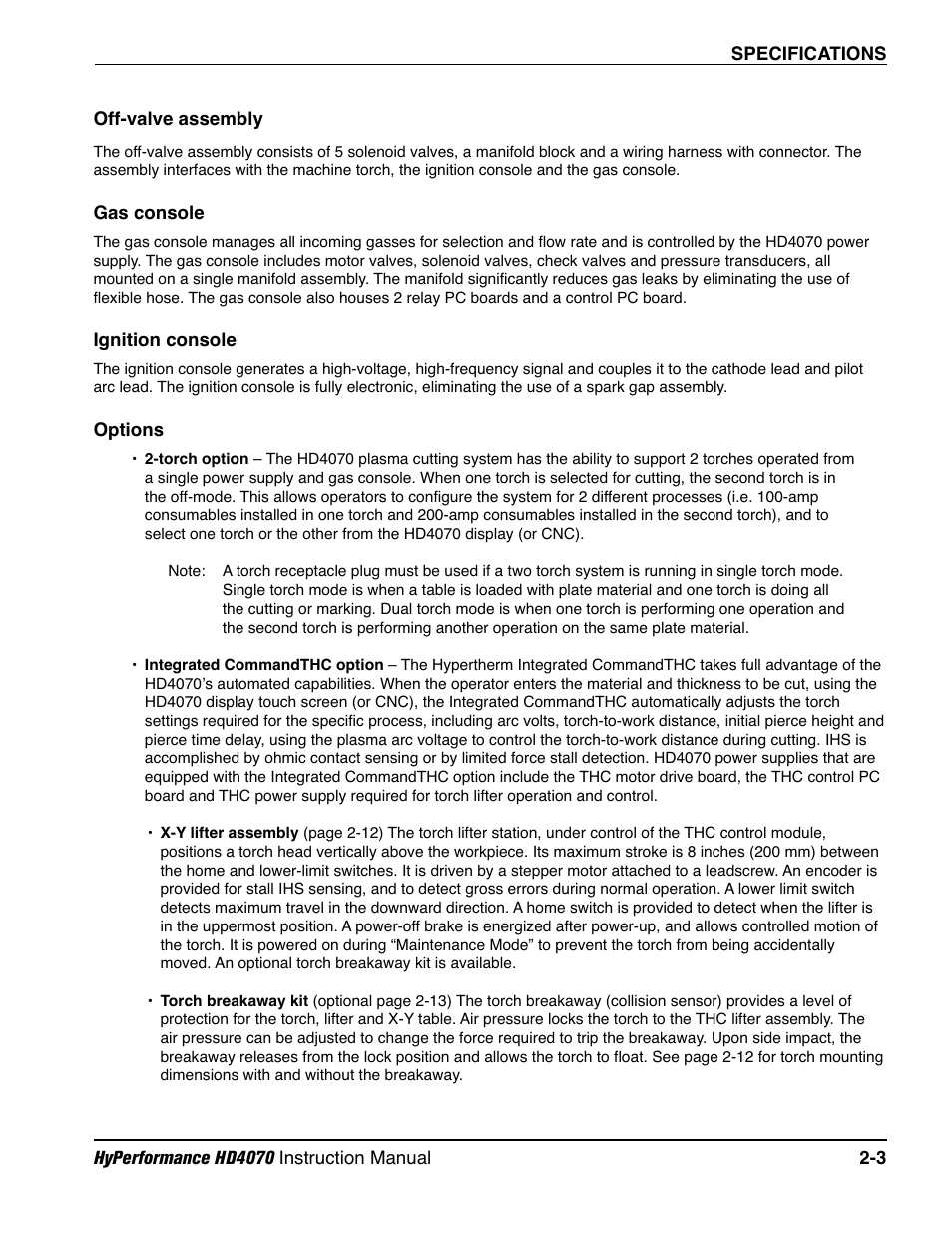 Off-valve assembly -3, Gas console -3, Ignition console -3 | Options -3 | Hypertherm HD4070 Rev.1 User Manual | Page 42 / 288