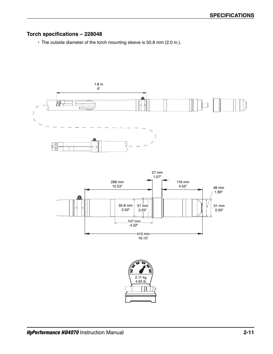 Torch specifications – 228048 -11 | Hypertherm HD4070 Rev.1 User Manual | Page 50 / 288