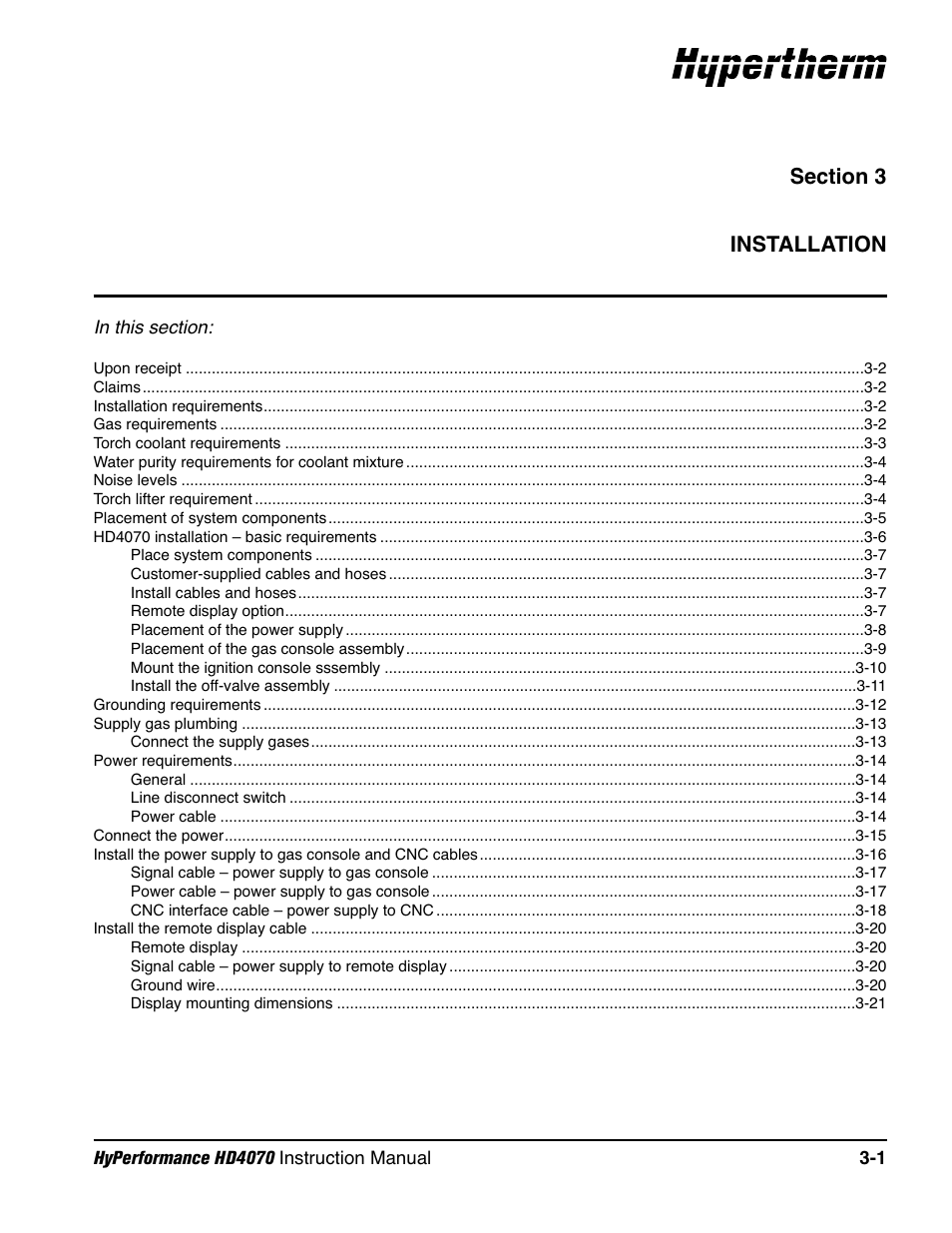 Section 3 installation, Section 3, Installation -1 | Hypertherm HD4070 Rev.1 User Manual | Page 53 / 288