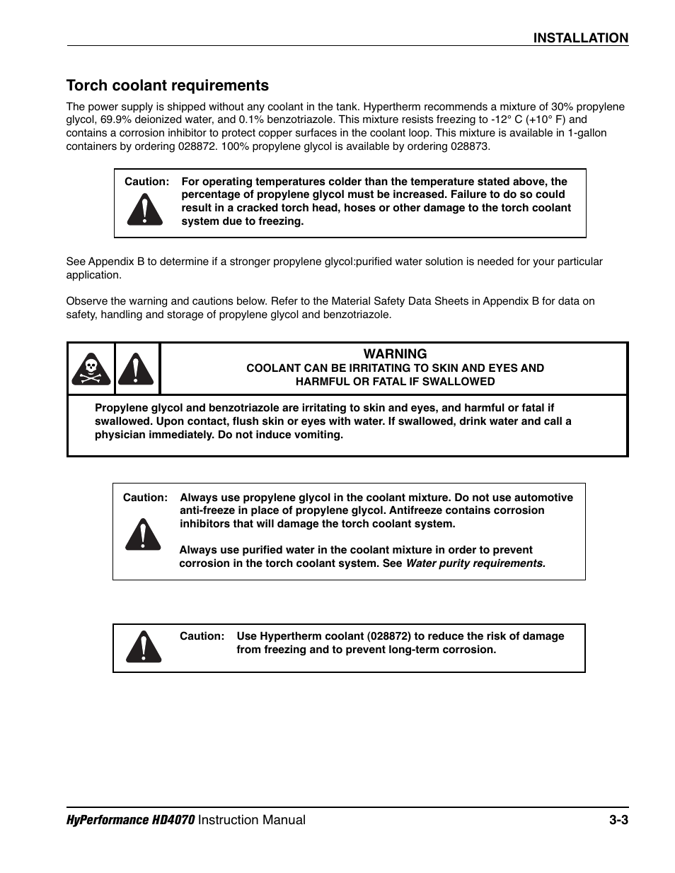 Torch coolant requirements -3, Torch coolant requirements | Hypertherm HD4070 Rev.1 User Manual | Page 55 / 288