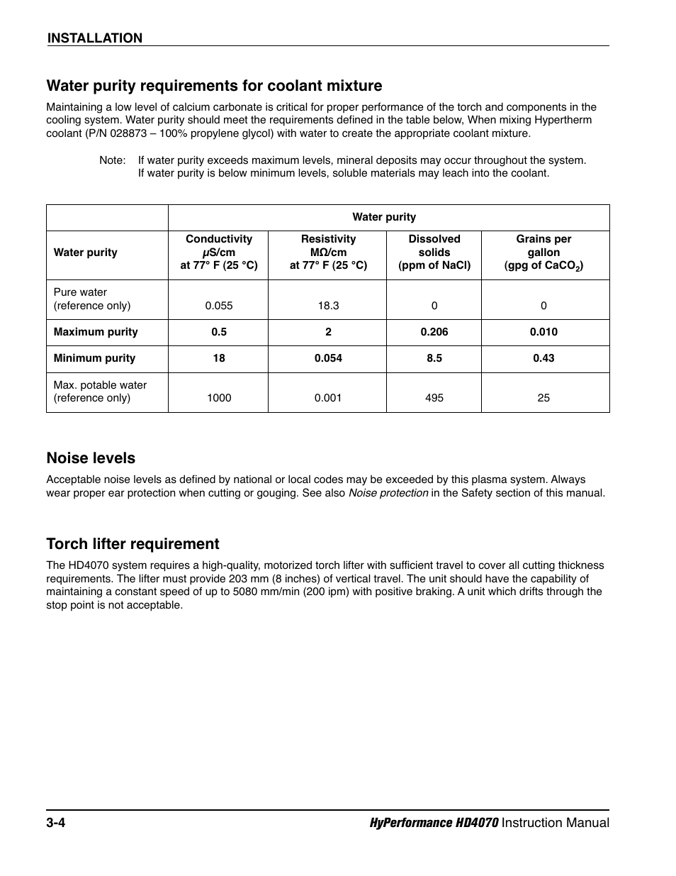 Water purity requirements for coolant mixture -4, Noise levels -4, Torch lifter requirement -4 | Noise levels, Torch lifter requirement, Water purity requirements for coolant mixture | Hypertherm HD4070 Rev.1 User Manual | Page 56 / 288