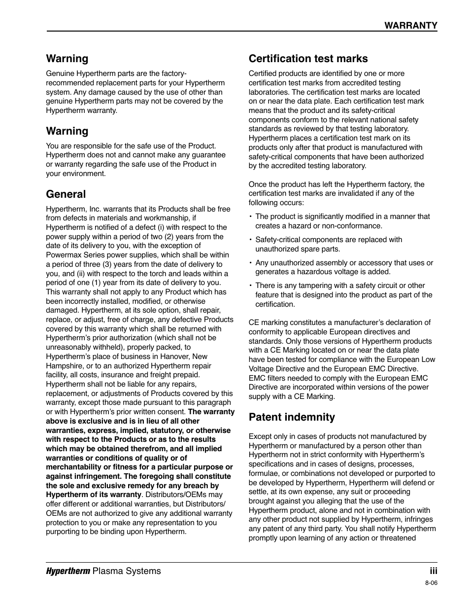 Warranty, Warning, General | Certification test marks, Patent indemnity | Hypertherm HD4070 Rev.1 User Manual | Page 6 / 288