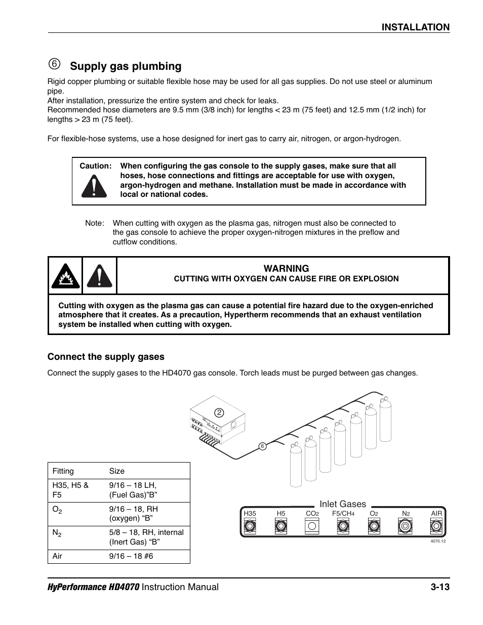 Supply gas plumbing -13, Connect the supply gases -13, Supply gas plumbing | 6connect the supply gases, Warning, Inlet gases | Hypertherm HD4070 Rev.1 User Manual | Page 65 / 288