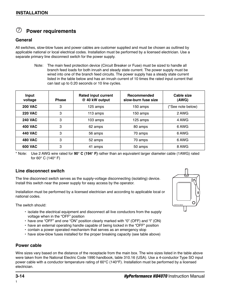 Power requirements -14, General -14, Line disconnect switch -14 | Power cable -14, Power requirements | Hypertherm HD4070 Rev.1 User Manual | Page 66 / 288