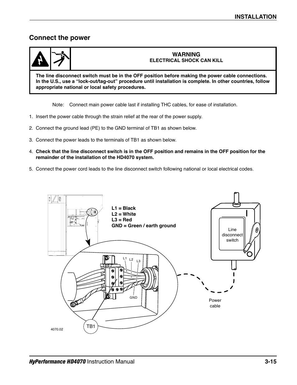 Connect the power -15, Connect the power | Hypertherm HD4070 Rev.1 User Manual | Page 67 / 288