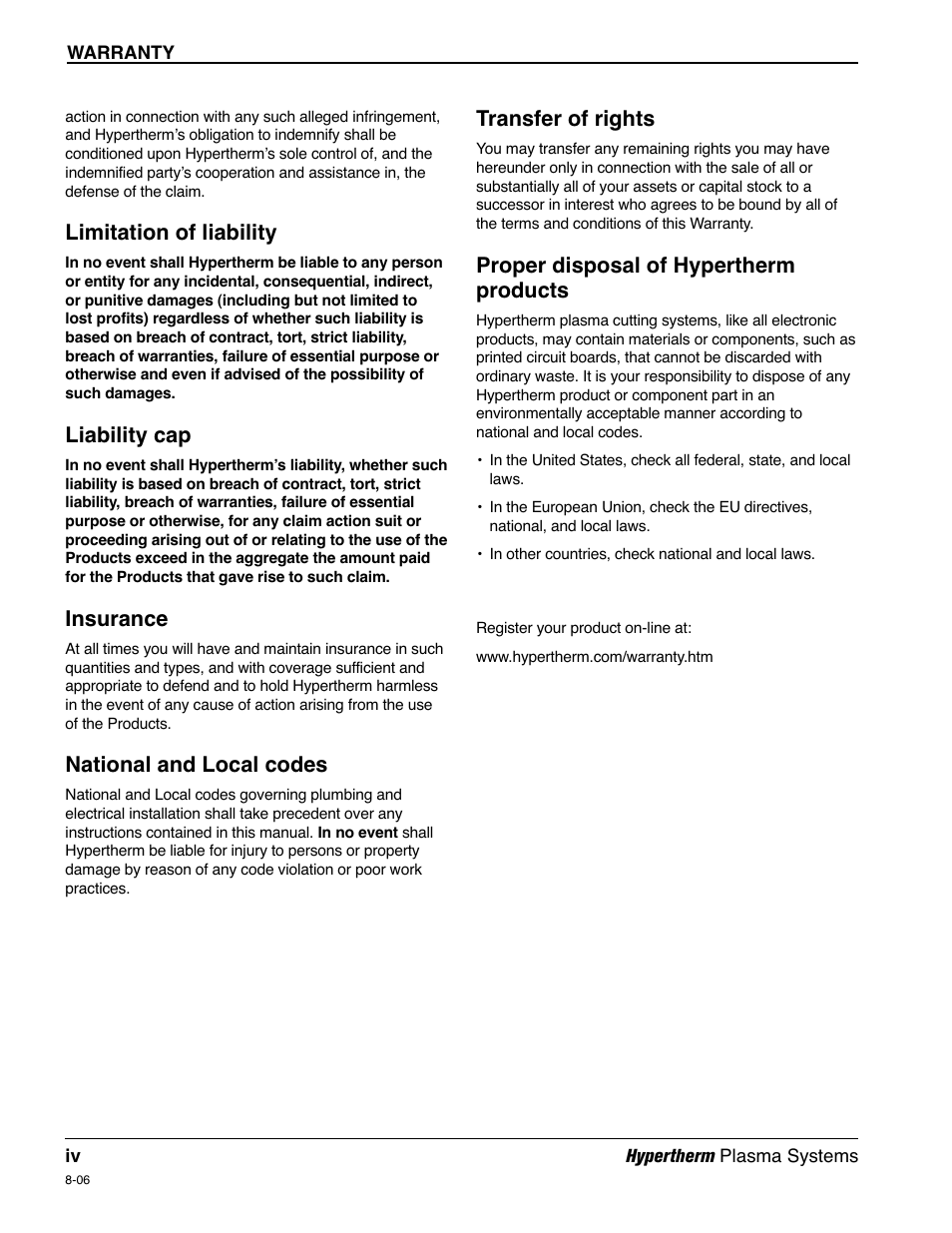 Limitation of liability, Liability cap, Insurance | National and local codes, Transfer of rights, Proper disposal of hypertherm products | Hypertherm HD4070 Rev.1 User Manual | Page 7 / 288