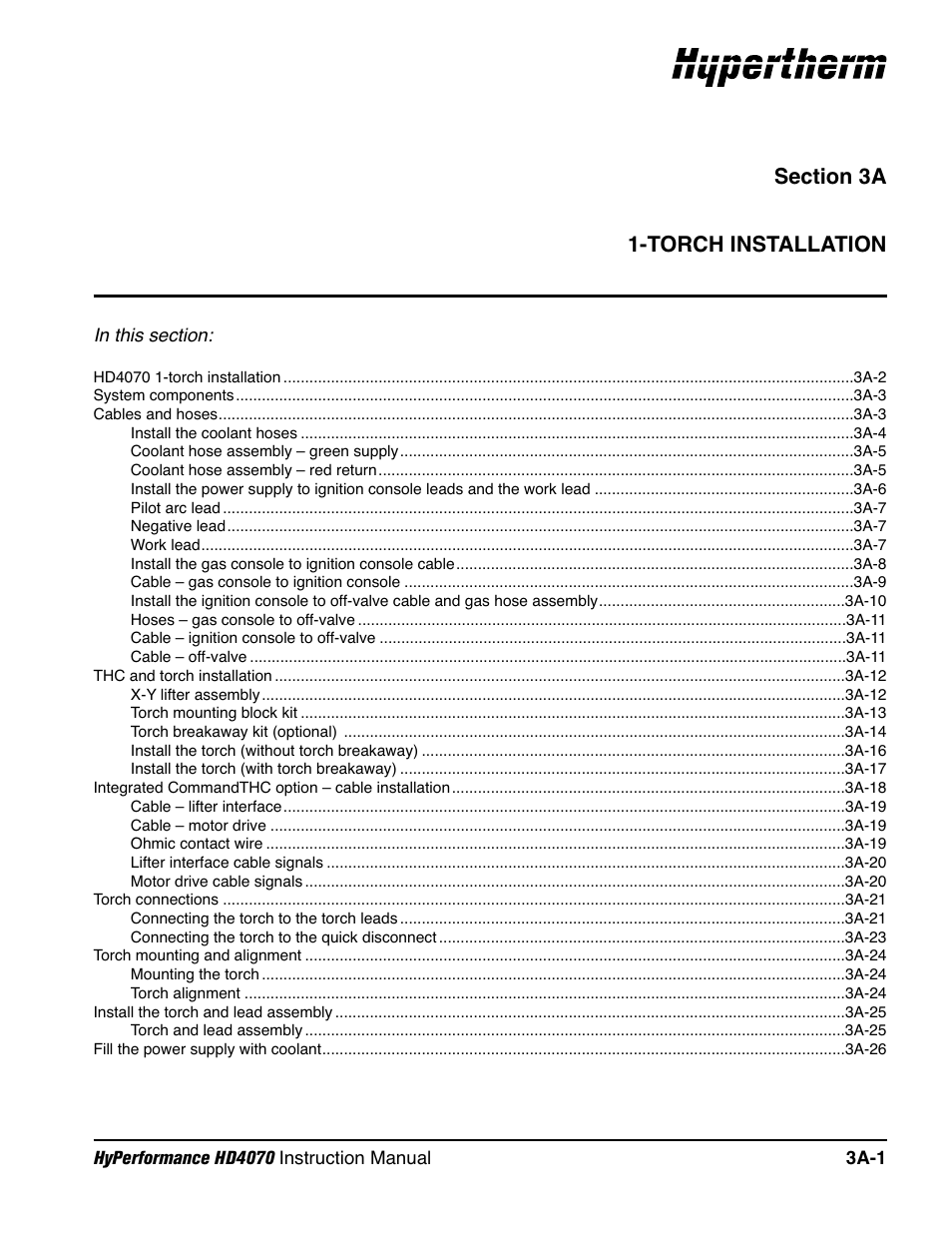 Section 3a 1-torch installation, Section 3a, 1 torch installation a-1 | Hypertherm HD4070 Rev.1 User Manual | Page 74 / 288