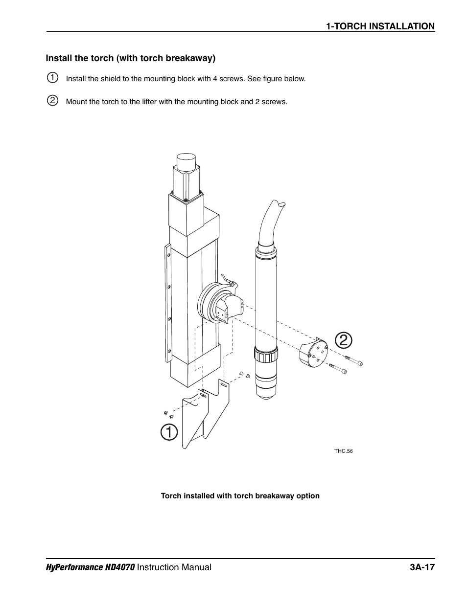 Install the torch (with torch breakaway) a-17 | Hypertherm HD4070 Rev.1 User Manual | Page 90 / 288