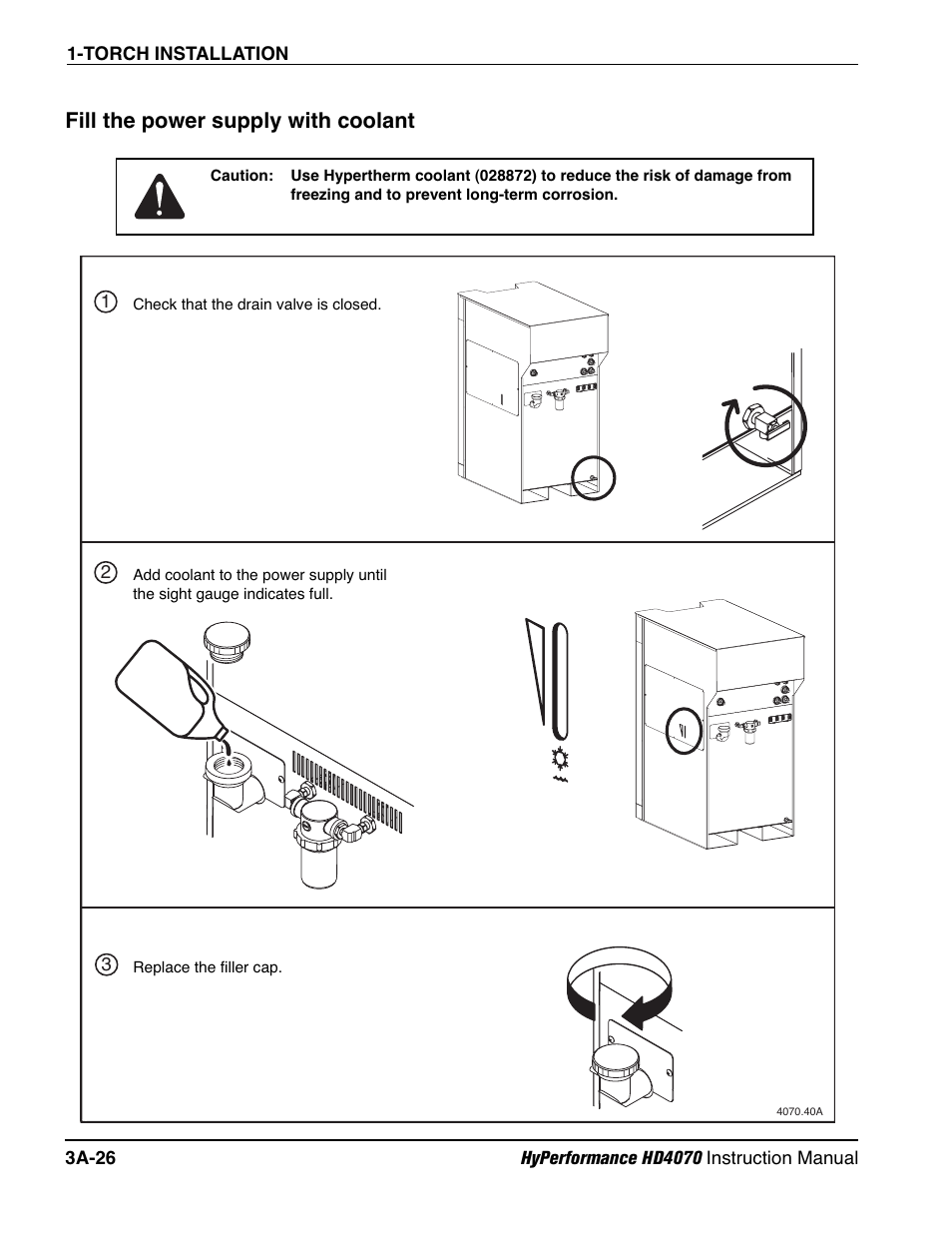 Fill the power supply with coolant a-26, Fill the power supply with coolant | Hypertherm HD4070 Rev.1 User Manual | Page 99 / 288