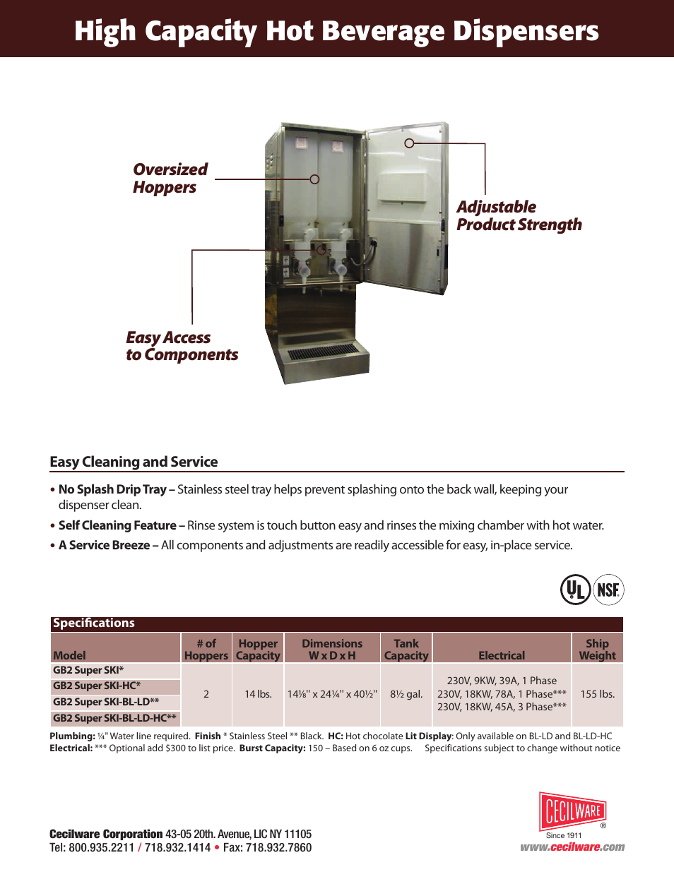 High capacity hot beverage dispensers, Easy cleaning and service | Cecilware BL-LD User Manual | Page 2 / 2