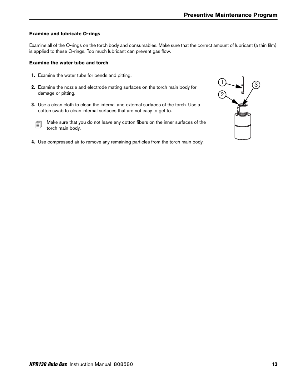 Examine and lubricate o-rings, Examine the water tube and torch | Hypertherm HPR130 Auto Gas Preventive Maintenance Program User Manual | Page 13 / 32