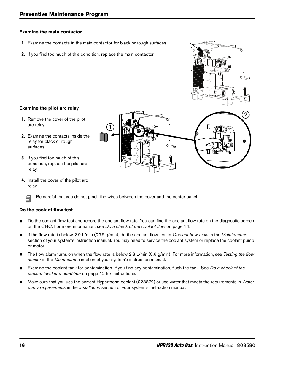 Examine the main contactor, Examine the pilot arc relay, Do the coolant flow test | Hypertherm HPR130 Auto Gas Preventive Maintenance Program User Manual | Page 16 / 32