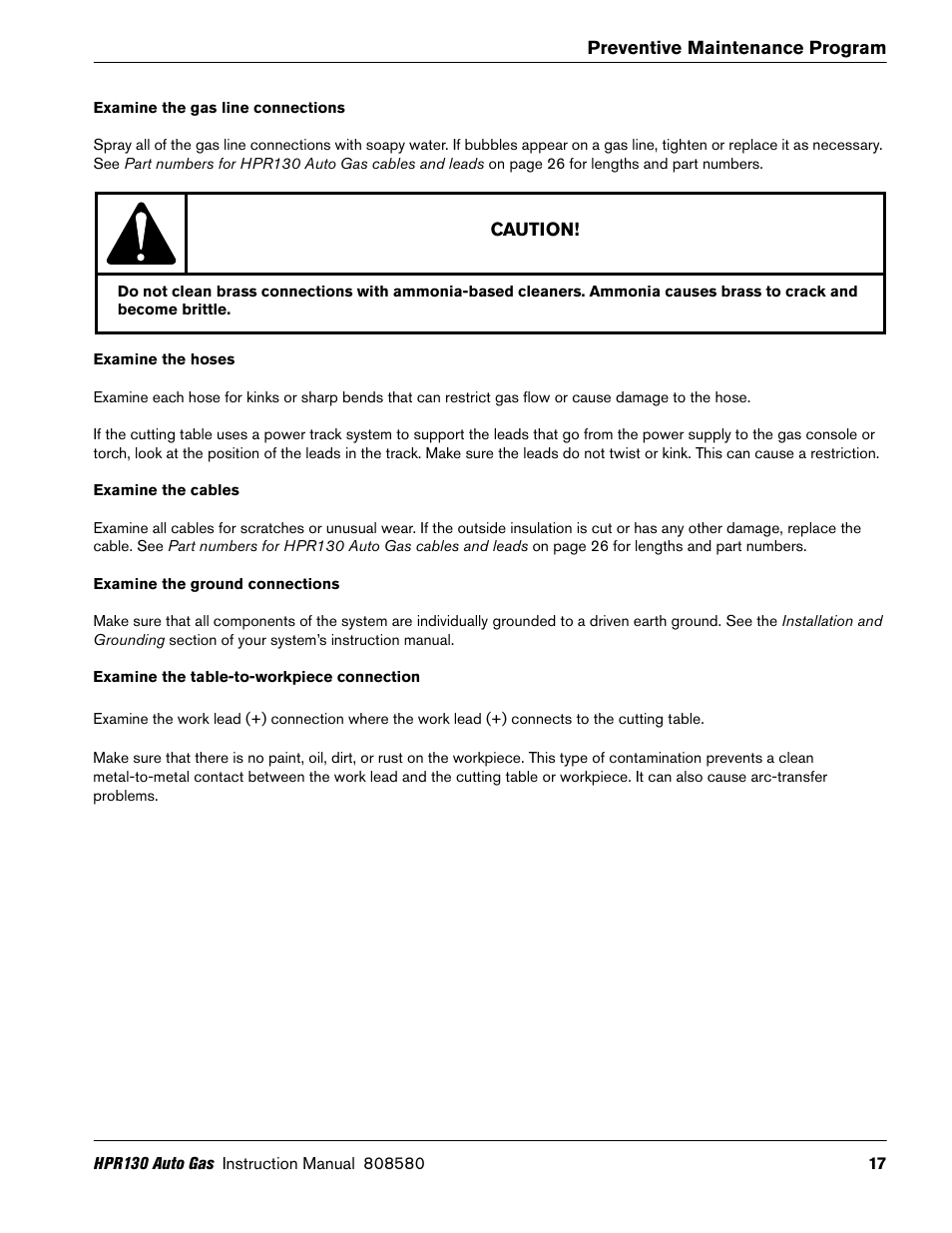 Examine the gas line connections, Examine the hoses, Examine the cables | Examine the ground connections, Examine the table-to-workpiece connection | Hypertherm HPR130 Auto Gas Preventive Maintenance Program User Manual | Page 17 / 32