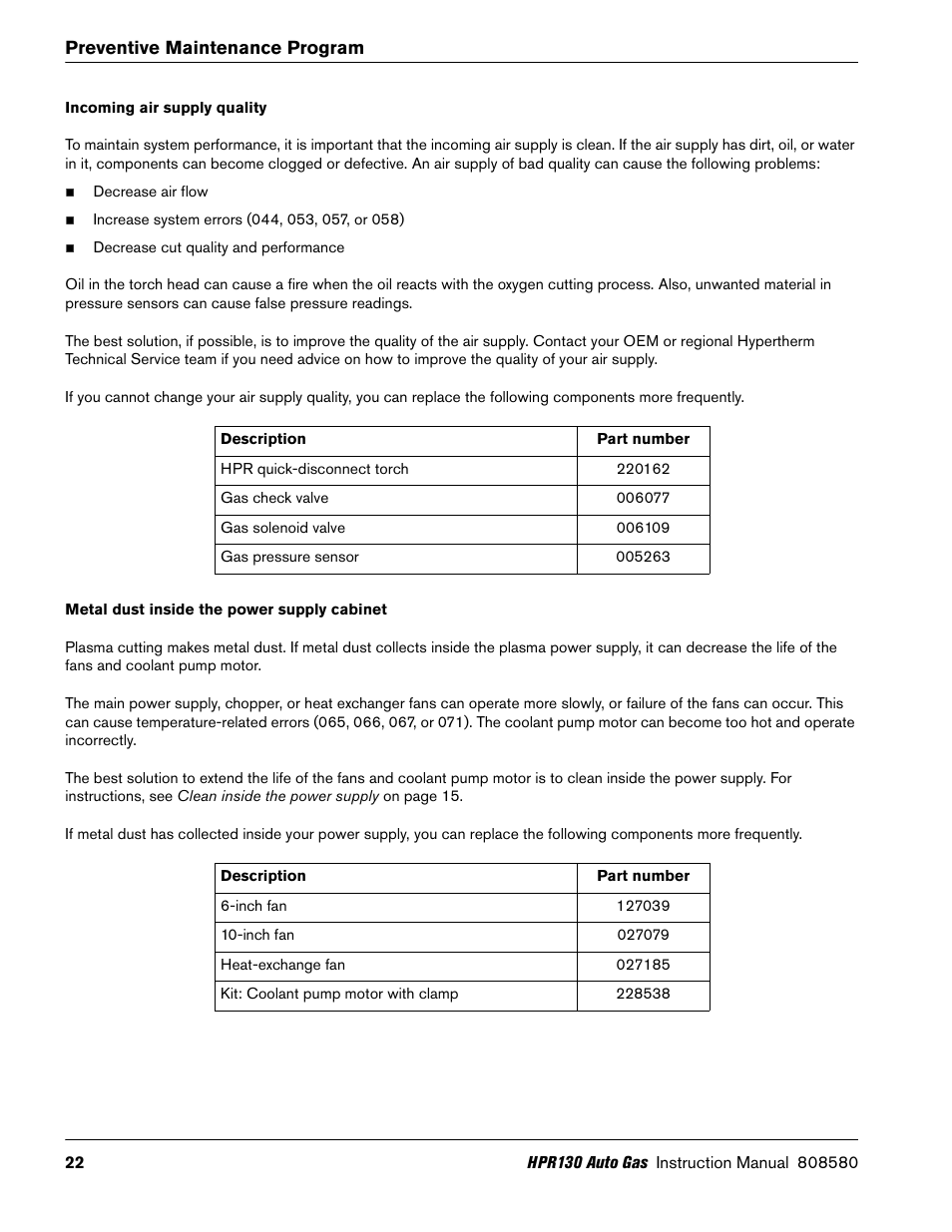 Incoming air supply quality, Metal dust inside the power supply cabinet | Hypertherm HPR130 Auto Gas Preventive Maintenance Program User Manual | Page 22 / 32