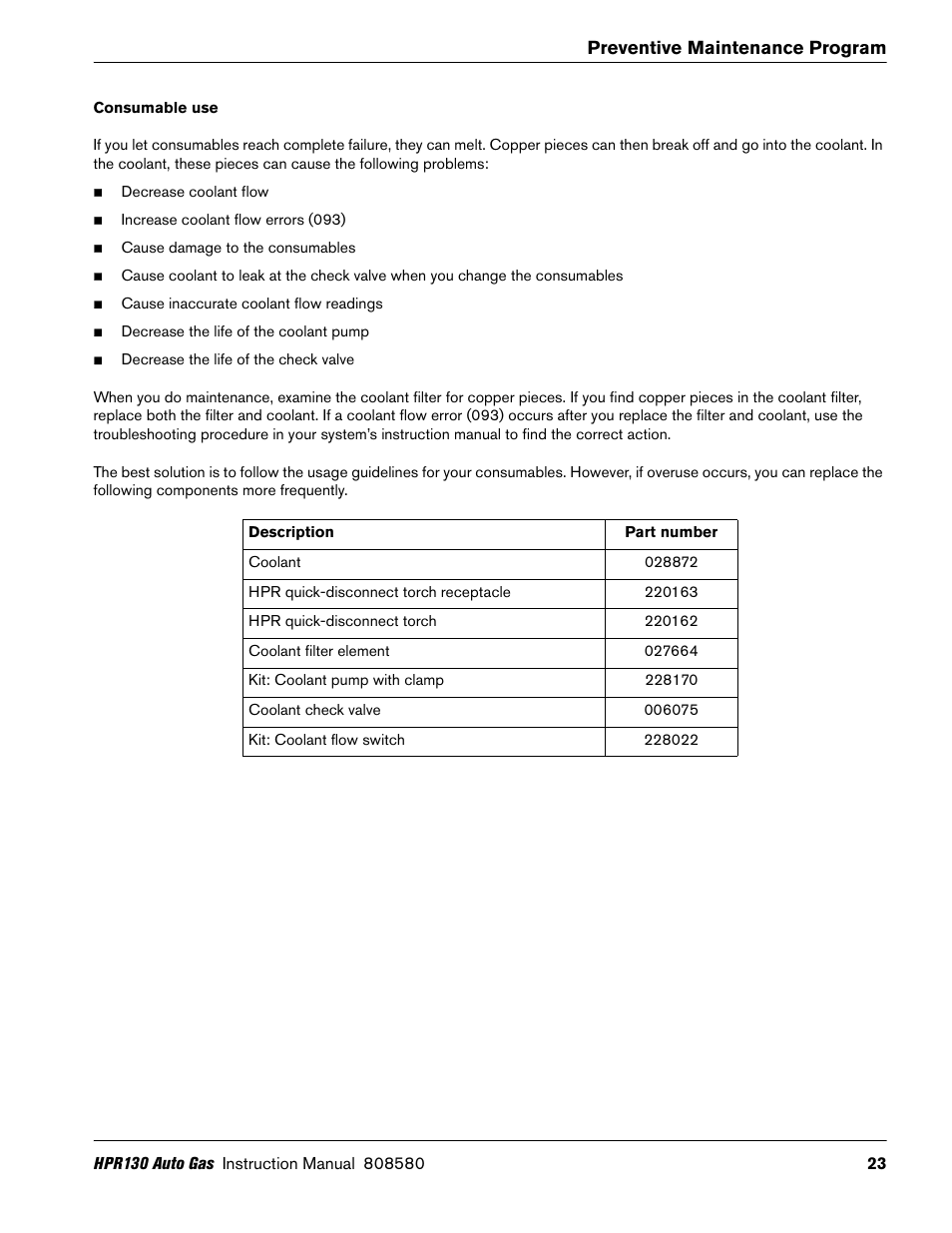 Consumable use | Hypertherm HPR130 Auto Gas Preventive Maintenance Program User Manual | Page 23 / 32