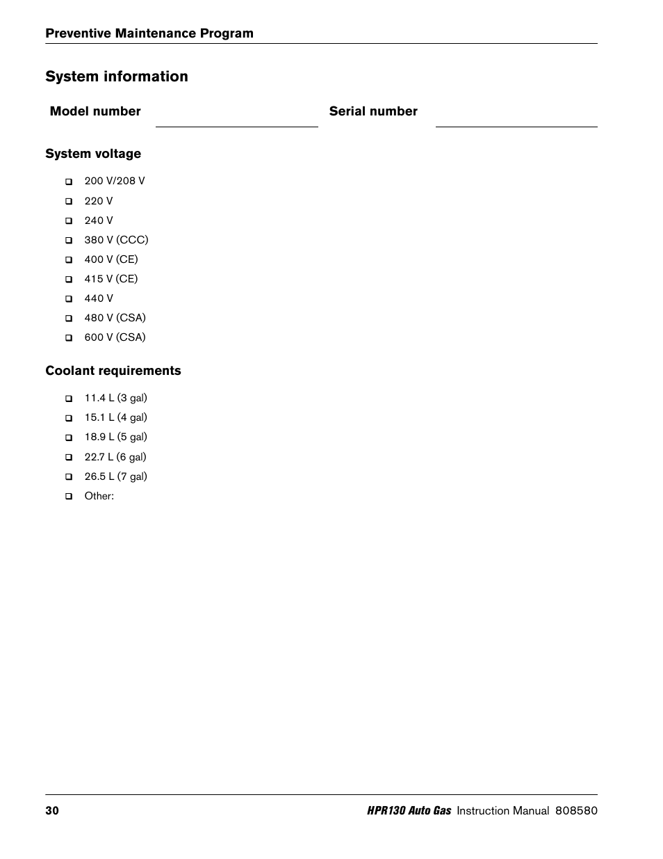 System information, Model number, Serial number | System voltage, Coolant requirements, Preventive maintenance program, Model number serial number | Hypertherm HPR130 Auto Gas Preventive Maintenance Program User Manual | Page 30 / 32
