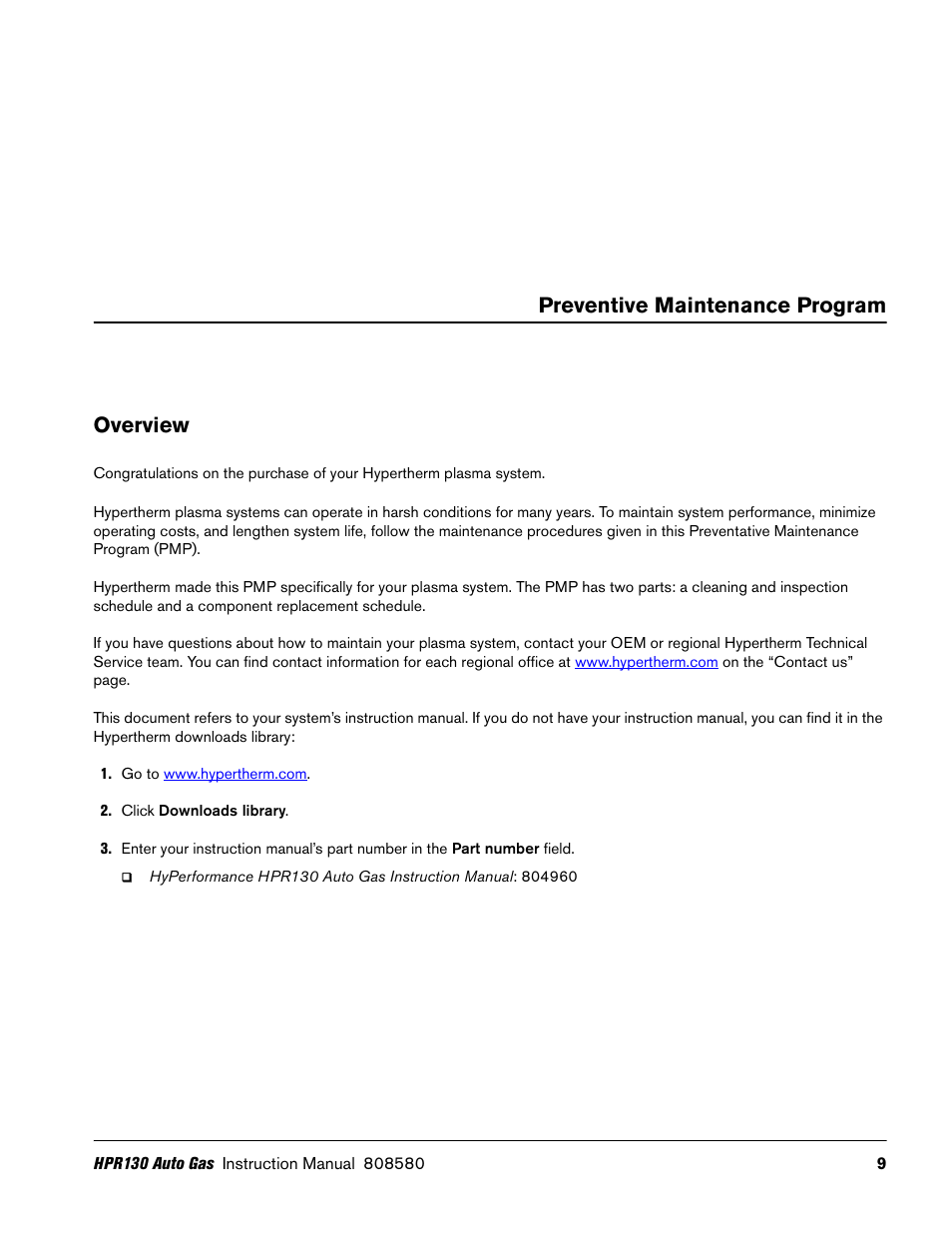 Preventive maintenance program, Overview, Preventive | Maintenance program, Preventive maintenance program overview | Hypertherm HPR130 Auto Gas Preventive Maintenance Program User Manual | Page 9 / 32