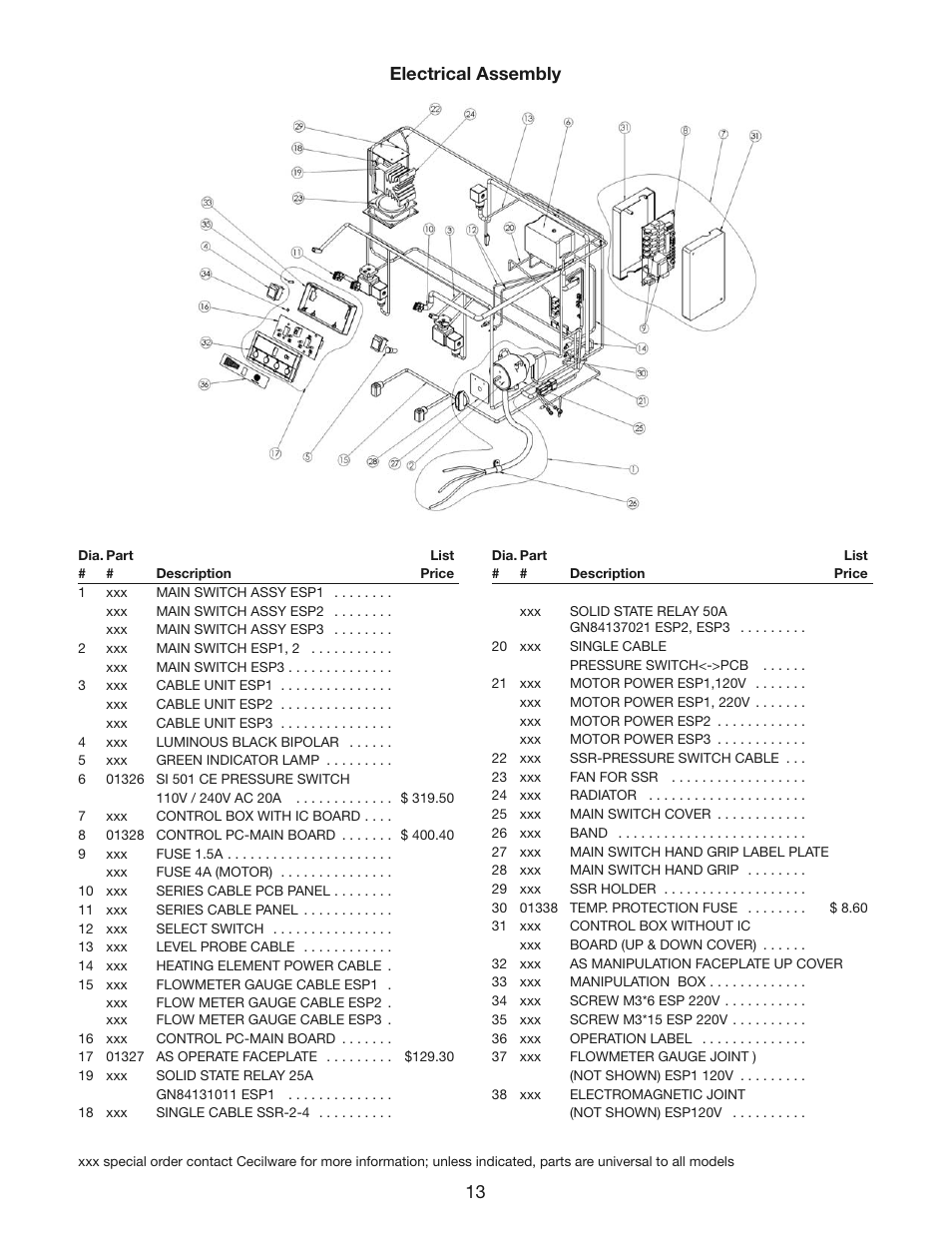 13 electrical assembly | Cecilware ESP1 User Manual | Page 13 / 20