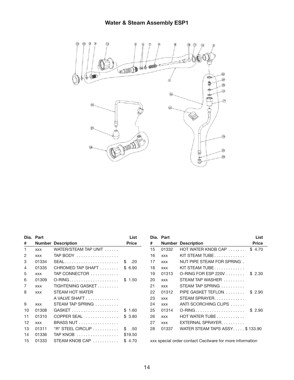 14 water & steam assembly esp1 | Cecilware ESP1 User Manual | Page 14 / 20