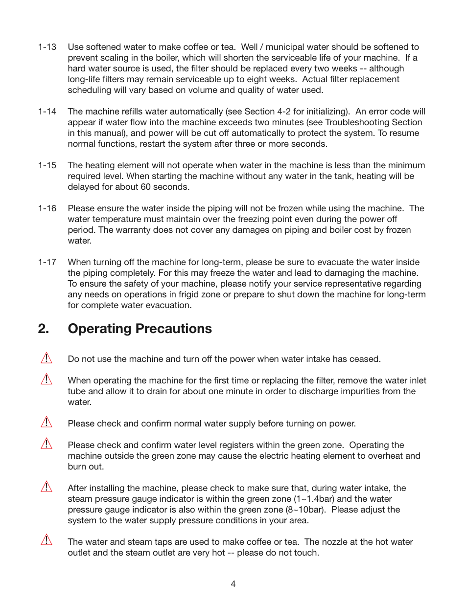 Operating precautions | Cecilware ESP1 User Manual | Page 4 / 20