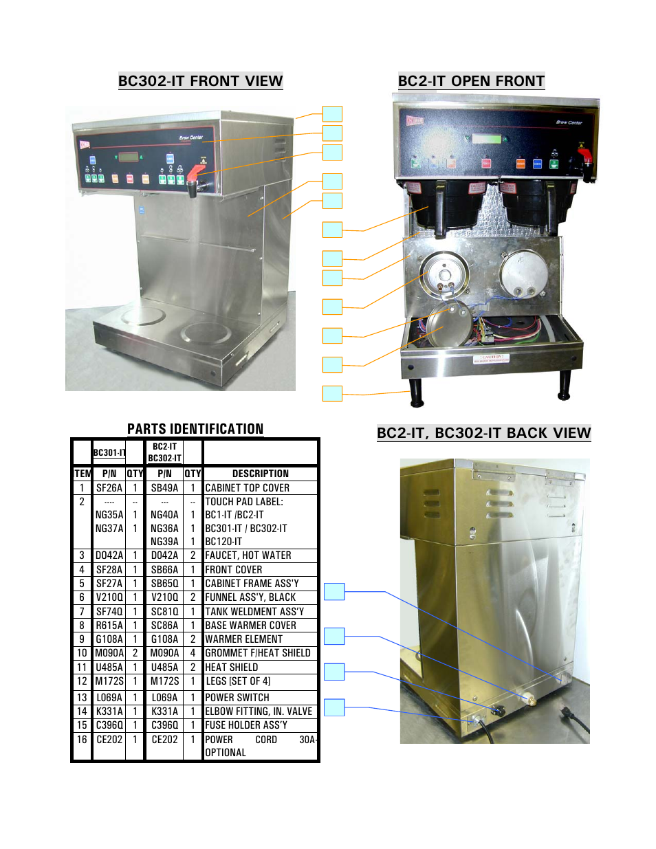 Parts identification, Bc2-it, bc302-it back view, Bc302-it front view bc2-it open front | Cecilware BC301-IT User Manual | Page 13 / 21