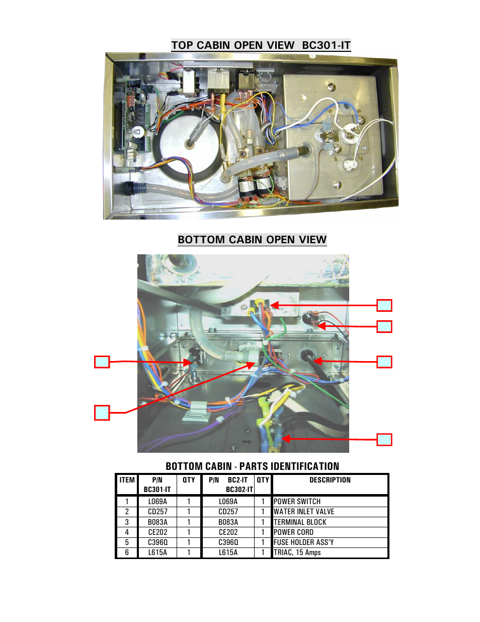 Bottom cabin open view, Bottom cabin - parts identification, Top cabin open view bc301-it | Cecilware BC301-IT User Manual | Page 15 / 21