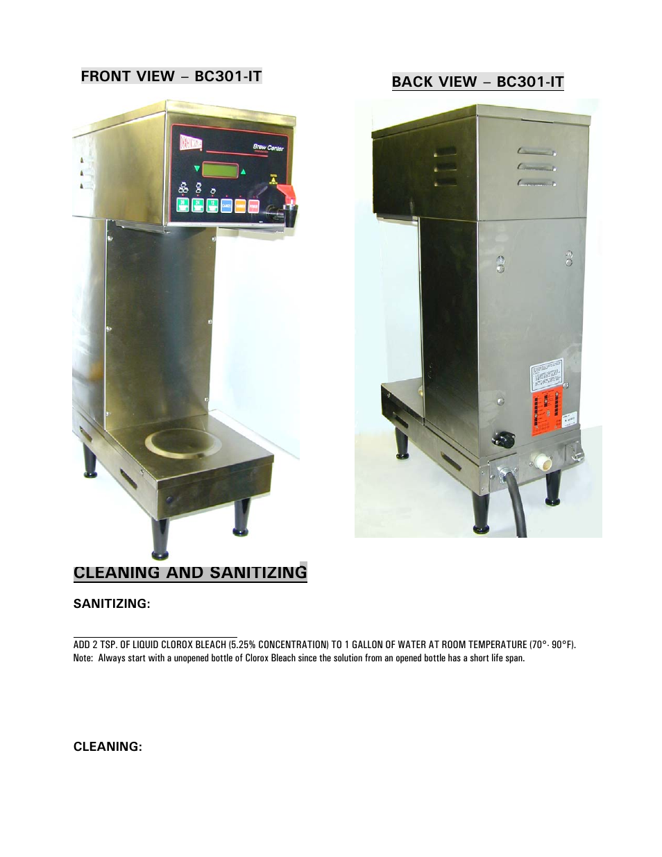 Cleaning and sanitizing, Front view – bc301-it, Back view – bc301-it | Cecilware BC301-IT User Manual | Page 16 / 21