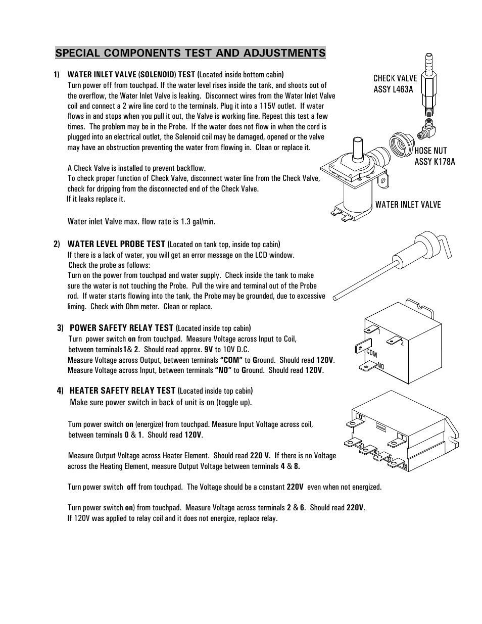 Special components test and adjustments | Cecilware BC301-IT User Manual | Page 18 / 21