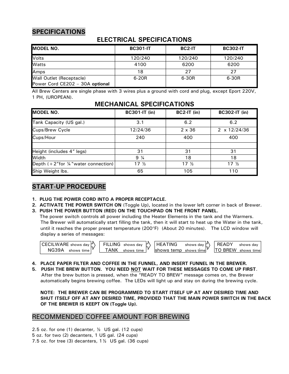 Specifications electrical specifications, Mechanical specifications, Start-up procedure | Recommended coffee amount for brewing | Cecilware BC301-IT User Manual | Page 2 / 21