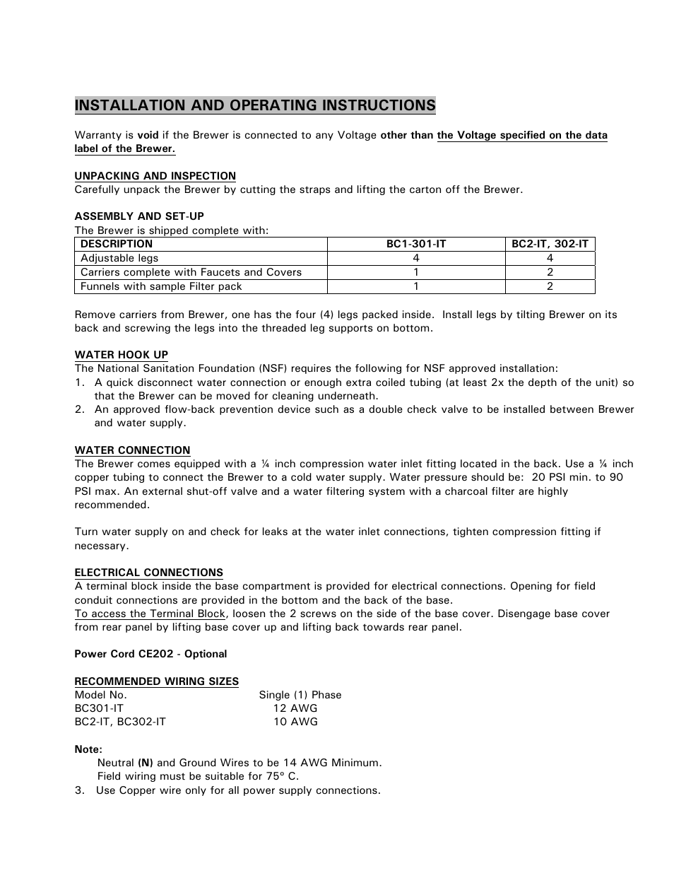 Installation and operating instructions | Cecilware BC301-IT User Manual | Page 4 / 21