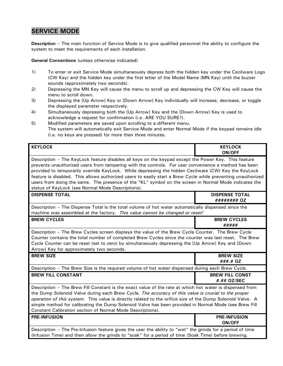 Service mode | Cecilware BC301-IT User Manual | Page 8 / 21