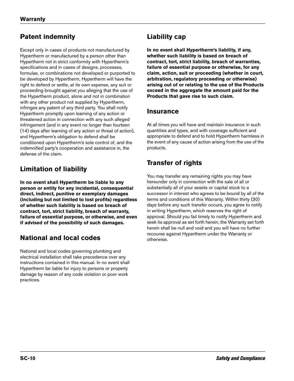 Patent indemnity, Limitation of liability, National and local codes | Liability cap, Insurance, Transfer of rights | Hypertherm HPRXD Short Torch with Integrated Lead Rev.1 User Manual | Page 10 / 30
