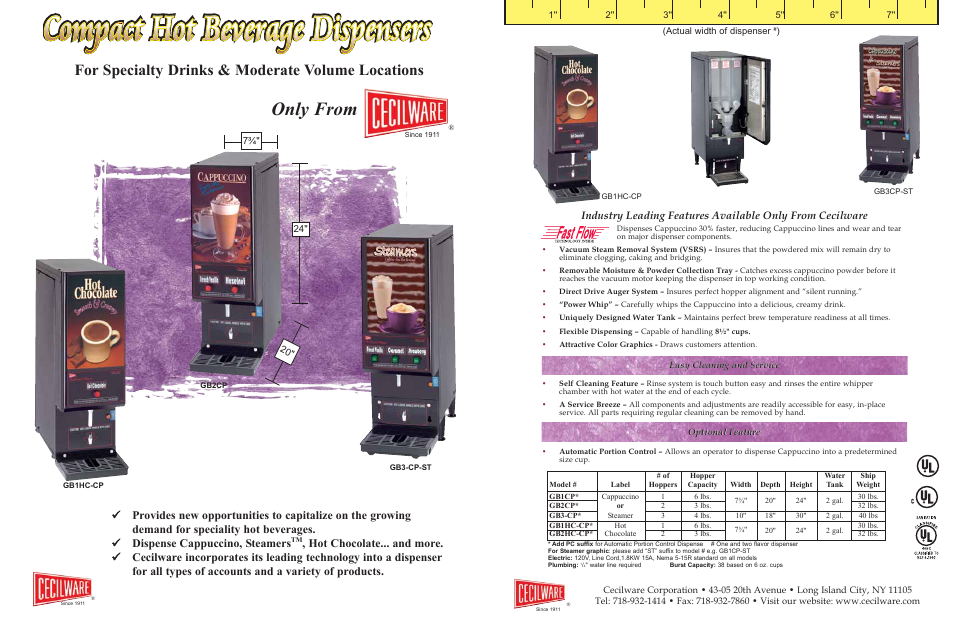 Compact hot beverage dispensers, Only from, For specialty drinks & moderate volume locations | Cecilware Compact Hot Beverage Dispensers GB3-CP-ST User Manual | Page 2 / 2